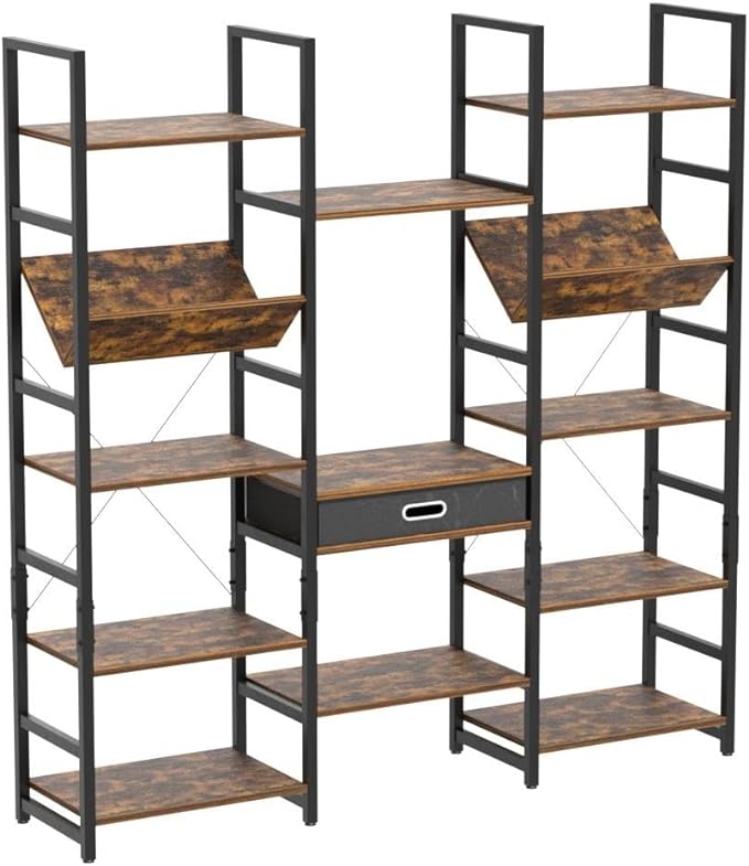 NUMENN Triple Wide 5 Tier Bookshelf, Adjustable Rustic Industrial Style Book Shelves, Modern Bookcases and Bookshelves Furniture for Bedroom, Living Room and Home Office, Vintage Brown - LeafyLoom