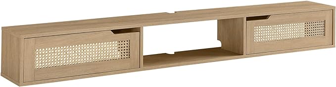 Walker Edison Modern Rattan Flip-Down-Door Wall-Mounted Floating Stand for TVs up to 80 Inches, 70 Inch, Coastal Oak - LeafyLoom