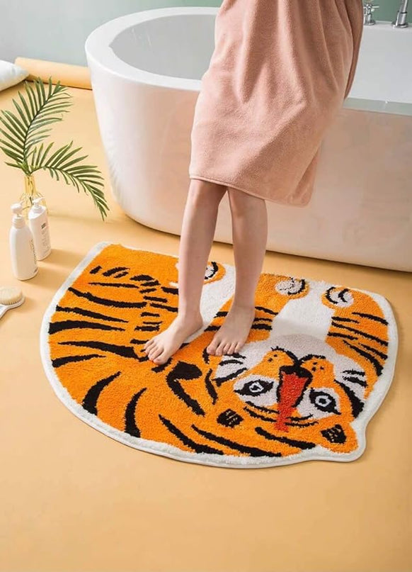 Cute Soft Tiger Shaped Animals Bath Mat Area Rug for Bedroom Bathroom Kitchen Floor Water Absorption Non-Slip Small Carpet Door Mat Kid's Room Playmat (80 * 90CM) - LeafyLoom