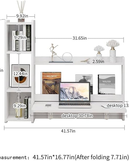 Pmnianhua Floating Desk,41'' Wall Mounted Desk Fold Down Laptop Desk Folding Space Saving Table Workstation with Storage Shelves for Bedroom Study Room Small Space (Off White-Left) - LeafyLoom