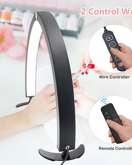 Half Moon Light for Nail Desk with Phone Holder, 29in Half Moon Table Lamp with Wire Controller & Remote, Dimmable Nail Desk Light for Eyelash Extension, Nail Tech, Beauty Care, Tattoos,Crafts - LeafyLoom