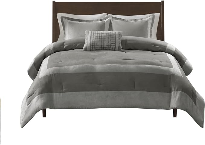 Madison Park Darcey Cozy Comforter Set, Faux Suede, Deluxe Hotel Styling All Season Down Alternative Bedding Matching Shams, Decorative Pillow, Full/Queen(90 in x 90 in), Border Grey 4 Piece - LeafyLoom
