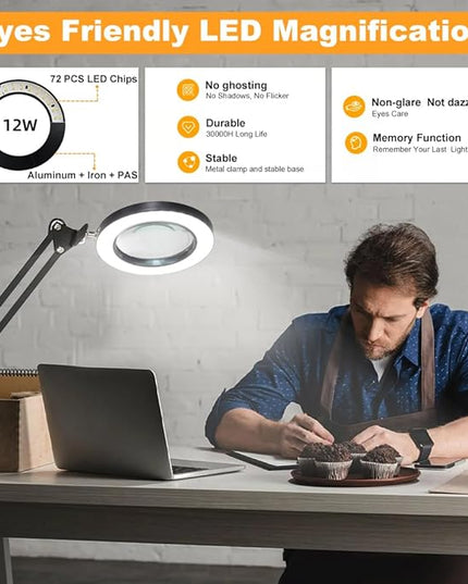 CHENBEN 10X Magnifying Glass with Light desk lamp 5 Color Modes Dimmable 2-in-1 Magnifying Glass with Light and Stand Adjustable LED Desk Lamp Hands Free for Reading Craft Repair Close Work - LeafyLoom