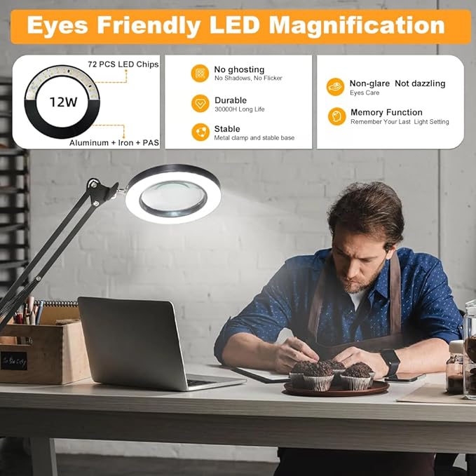 CHENBEN 10X Magnifying Glass with Light desk lamp 5 Color Modes Dimmable 2-in-1 Magnifying Glass with Light and Stand Adjustable LED Desk Lamp Hands Free for Reading Craft Repair Close Work - LeafyLoom