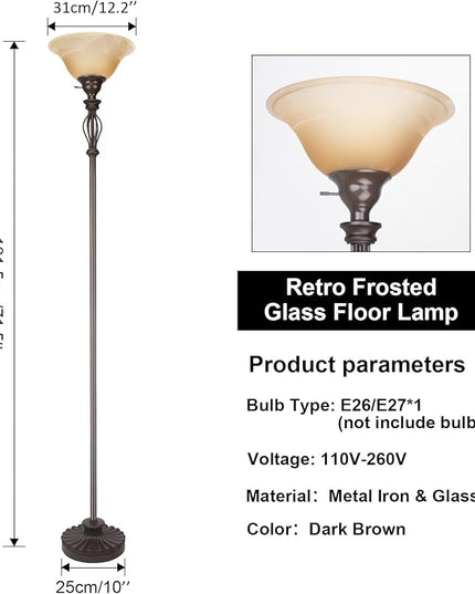 Torchiere Floor Lamps for Living Room & Bedroom – Stand Up Lamp with Corner Floor Lamp Design – Traditional Iron Scroll 70" Tall Alabaster Glass Bowl Shade (Brown) - LeafyLoom