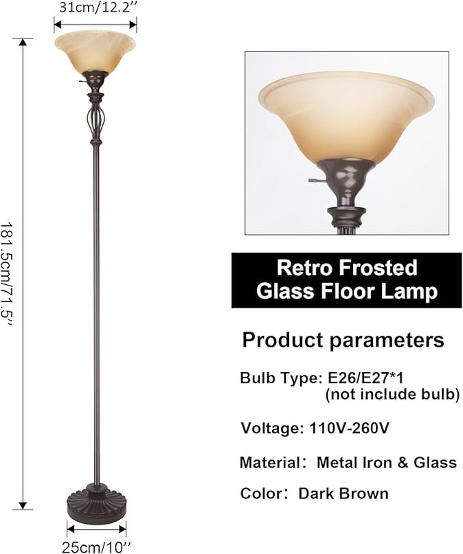 Torchiere Floor Lamps for Living Room & Bedroom – Stand Up Lamp with Corner Floor Lamp Design – Traditional Iron Scroll 70" Tall Alabaster Glass Bowl Shade (Brown) - LeafyLoom