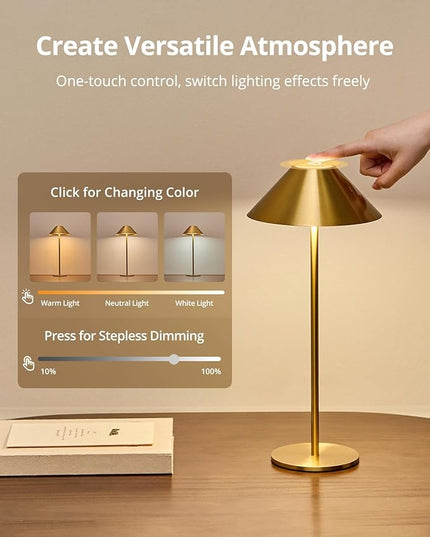 Cordless Table Lamp Rechargeable, Battery Operated LED Table Lamp with 3 Color Temperature & Stepless Dimming, Gold Desk Lamp, Outdoor Table Lamp for Living Room Home Bedroom Dining Patio - LeafyLoom