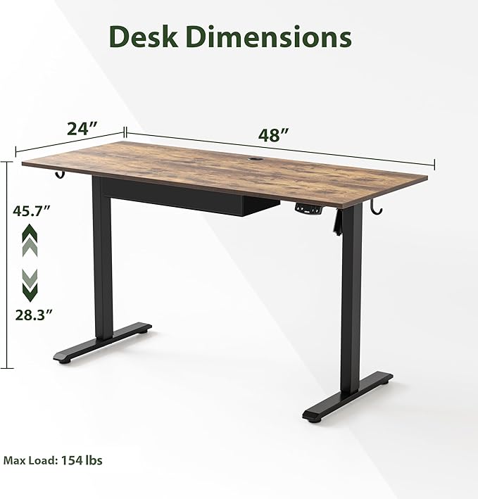 Adjustable Height Electric Standing Desk with Storage Wooden Drawer, 48 x 24 Inches Stand Up Home Office Computer Gaming Table with Splice Board for Work Office Home, Rustic Brown - LeafyLoom