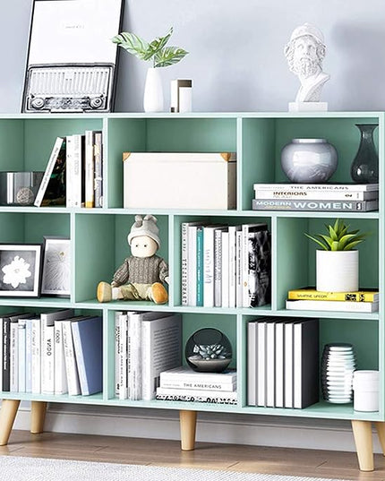IOTXY Wooden Open Shelf Bookcase - 3-Tier Floor Standing Display Cabinet Rack with Legs, 10 Cubes Bookshelf, Tiffany-Green - LeafyLoom