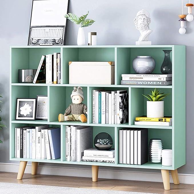 IOTXY Wooden Open Shelf Bookcase - 3-Tier Floor Standing Display Cabinet Rack with Legs, 10 Cubes Bookshelf, Tiffany-Green - LeafyLoom