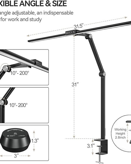 LED Desk Lamp with Clamp for Home Office, 24W Ultra Bright 7 Stepless Dimming/5 Color Modes/Timer, Architect Modern Table Lamp with Touch and Remote Control USB Charging Port for Study Reading - LeafyLoom