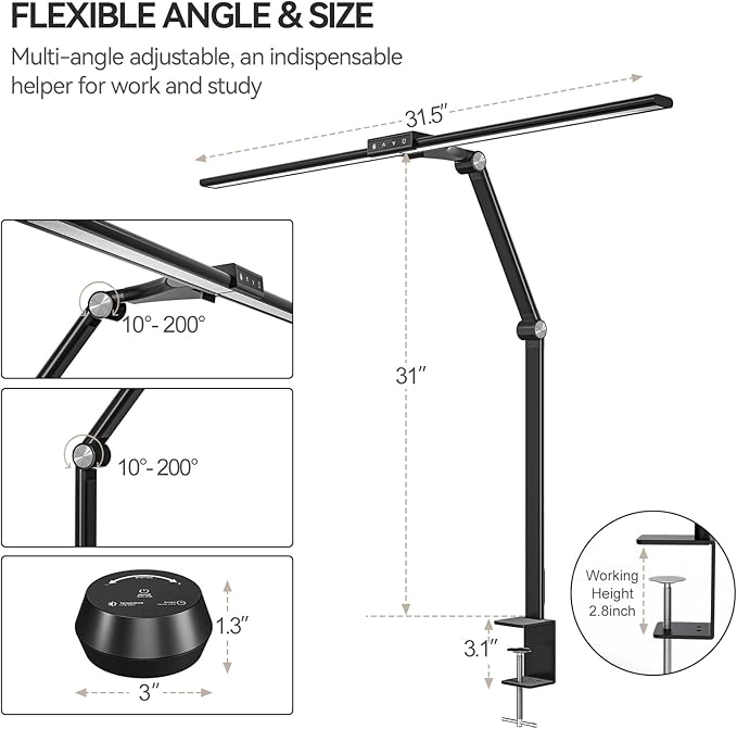 LED Desk Lamp with Clamp for Home Office, 24W Ultra Bright 7 Stepless Dimming/5 Color Modes/Timer, Architect Modern Table Lamp with Touch and Remote Control USB Charging Port for Study Reading - LeafyLoom