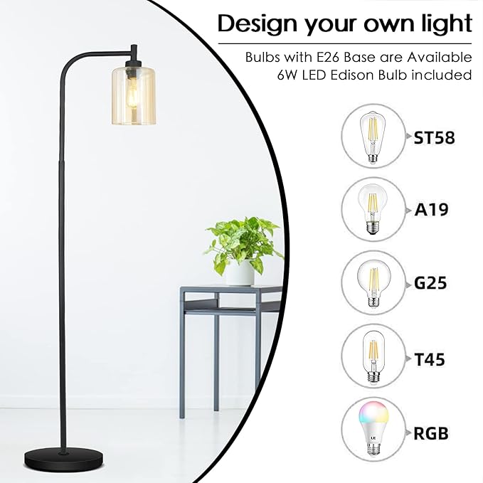 Industrial Floor Lamp, Standing Lamp with Gold Glass Lampshade, 6W LED Bulb Included, Modern Floor Lamp with Foot Switch, Bright LED Floor Lamp for Living Room and Bedroom, Office, Simple Style - LeafyLoom