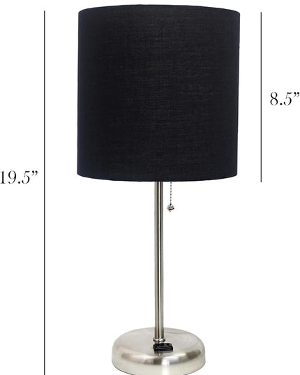 Simple Designs LT1144-BLK Sleek and Slender Brushed Steel Table Lamp with Charging Outlet, for Bedroom, Living Room, Entryway, Office, Dining Room, Study, Black Shade - LeafyLoom