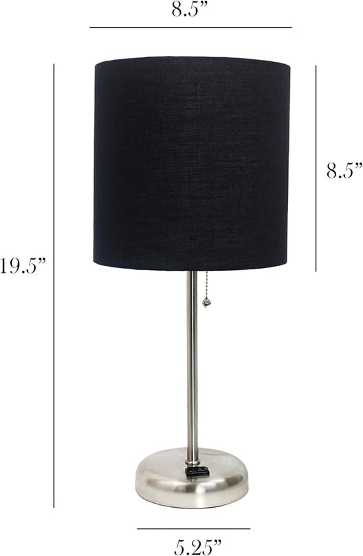 Simple Designs LT1144-BLK Sleek and Slender Brushed Steel Table Lamp with Charging Outlet, for Bedroom, Living Room, Entryway, Office, Dining Room, Study, Black Shade - LeafyLoom