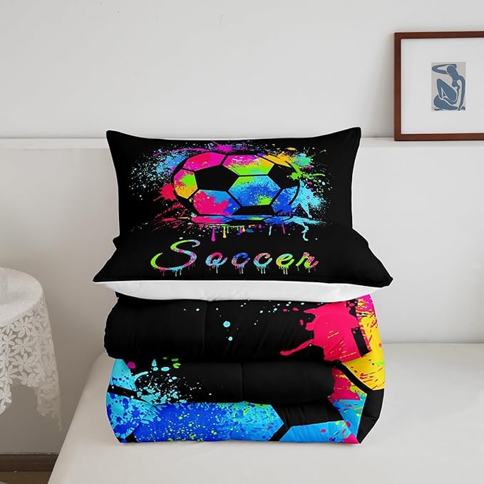 Feelyou Kids Soccer Ball Game Comforter Set King Size Football Bedding Set for Boys Girls Teens Bedroom Decor Rugby Sports Comforter American Football Player Duvet Set with 2 Pillow Case - LeafyLoom