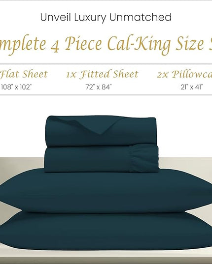 Egyptian Cotton Sheets California King Size Sheet Set, 4 Piece Bedding Set Includes 1 Flat Sheet + 1 Fitted Sheet & 2 Pillowcases, Cal-King Sheets 1000 Thread Count, Hotel Collection Sheets Teal - LeafyLoom