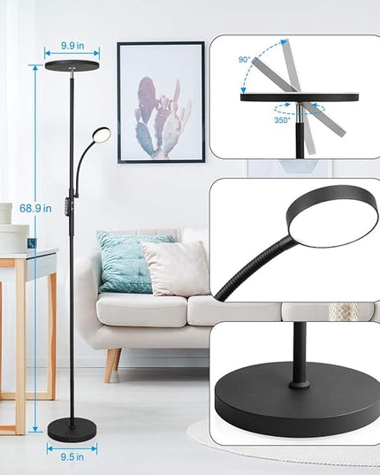 Led Floor Lamp Torchiere Floor Lamp with Adjustable Reading Lamp,2000lumens Main Light and 400lumens Side Reading Light for Living Room, Bedroom, Office, Work with Remote Control, Matte Black - LeafyLoom