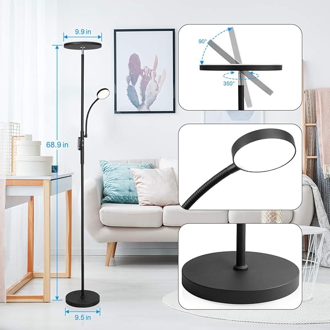 Led Floor Lamp Torchiere Floor Lamp with Adjustable Reading Lamp,2000lumens Main Light and 400lumens Side Reading Light for Living Room, Bedroom, Office, Work with Remote Control, Matte Black - LeafyLoom