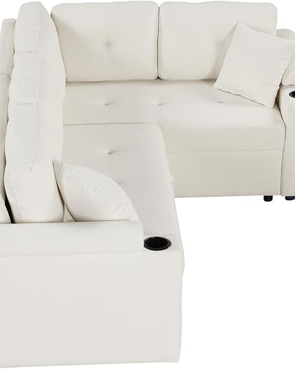 Boucle Upholstered Reversible Sleeper Sectional Sofa with Pull Out Bed , 3 Seater L Shaped Convertible Corner Couch with Cupholders&USB Ports, Power Sockets, Small Pullout Sofabed for Living Room - LeafyLoom