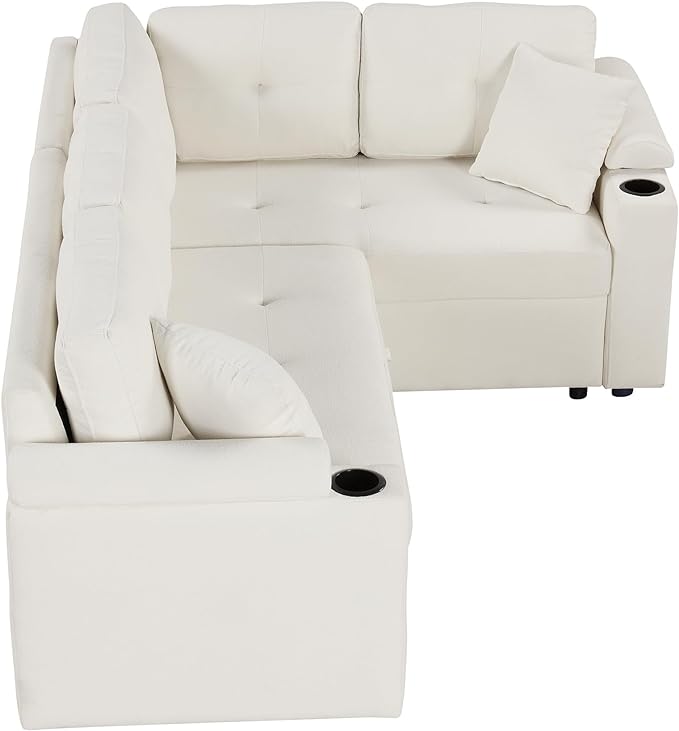 Boucle Upholstered Reversible Sleeper Sectional Sofa with Pull Out Bed , 3 Seater L Shaped Convertible Corner Couch with Cupholders&USB Ports, Power Sockets, Small Pullout Sofabed for Living Room - LeafyLoom