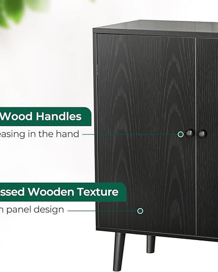 Buffet Cabinet with Storage, Storage Cabinet with 2 Doors, Black Cabinet with Solid Wood Feet, Sideboard Cabinet Accent Cabinet, for Kitchen, Entryway, Living Room - LeafyLoom
