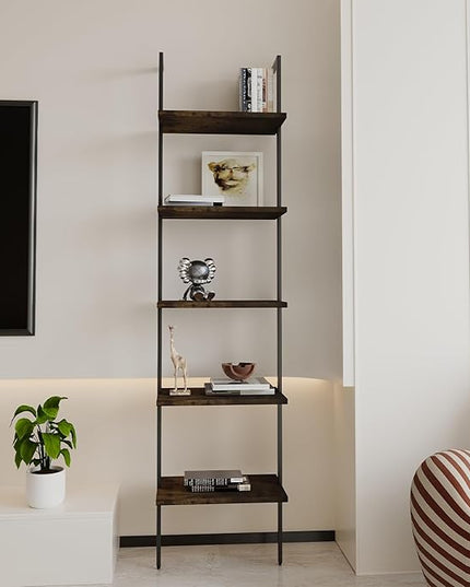 Ladder Shelf 5 Tiers Metal Industrial Bookshelf,Rustic Brown Wood Tall Open Storage Rack and Display Shelves,Wall Mount Wide Book Case for Home Office Bedroom,Small - LeafyLoom