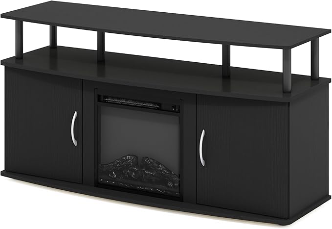 Furinno Jensen Living Room Fireplace TV Entertainment Center with Doors Storage Cabinet for TV up to 55 Inch, Americano/Black - LeafyLoom
