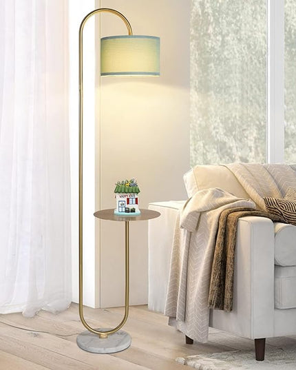 Hsyile KU300272 Arc Floor Lamp with Hanging Drum Shade for Living Room-Marble Base Modern Tall Stand Up Light with Table, Contemporary Over The Couch Gold Lamp Standing Lamps for Bedroom Office - LeafyLoom