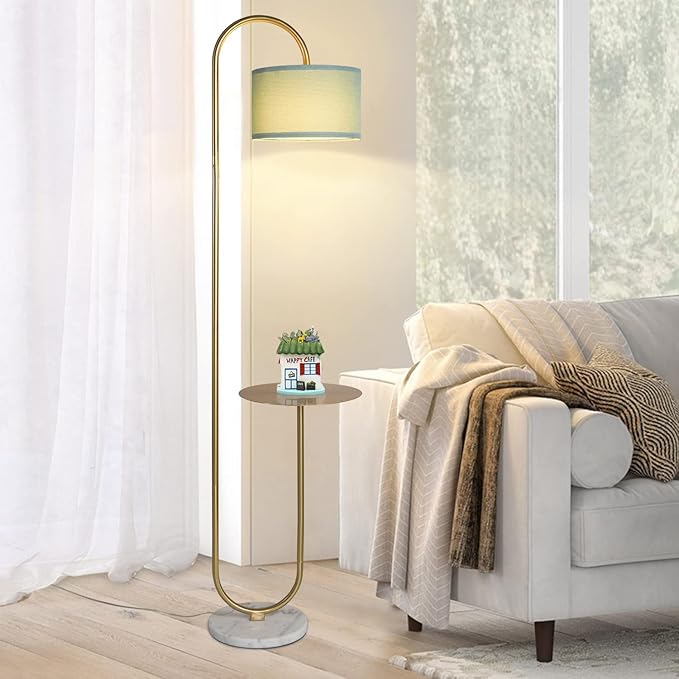 Hsyile KU300272 Arc Floor Lamp with Hanging Drum Shade for Living Room-Marble Base Modern Tall Stand Up Light with Table, Contemporary Over The Couch Gold Lamp Standing Lamps for Bedroom Office - LeafyLoom