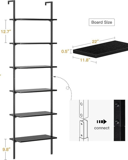ODK 6-Tier Ladder Shelf, 87 Inches Wall Mounted Ladder Bookshelf with Metal Frame, Open Industrial Shelves for Home Office, Bedroom and Living Room, Black - LeafyLoom