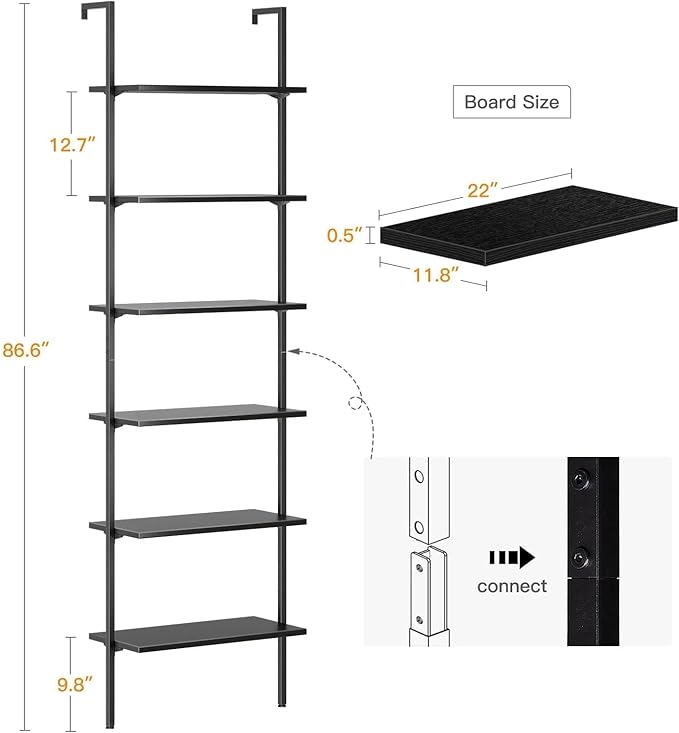 ODK 6-Tier Ladder Shelf, 87 Inches Wall Mounted Ladder Bookshelf with Metal Frame, Open Industrial Shelves for Home Office, Bedroom and Living Room, Black - LeafyLoom