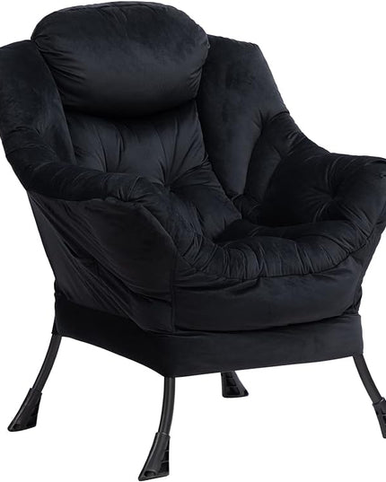 HollyHOME Modern Fabric Large Lazy Chair, Accent Oversized Comfy Reading Chair, Thick Padded Cozy Lounge Chair with Armrest, Steel Frame Leisure Sofa Chair for Living Room, Bedroom, Dorm, Black - LeafyLoom