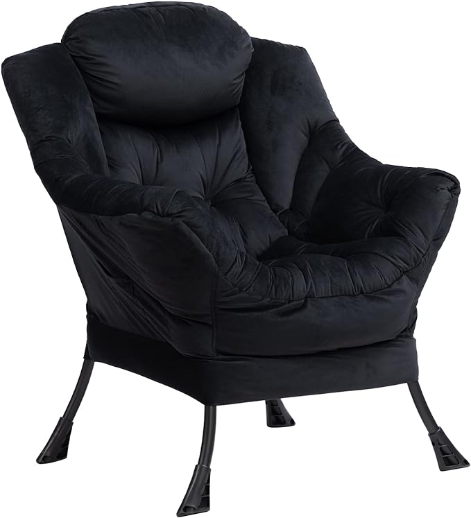 HollyHOME Modern Fabric Large Lazy Chair, Accent Oversized Comfy Reading Chair, Thick Padded Cozy Lounge Chair with Armrest, Steel Frame Leisure Sofa Chair for Living Room, Bedroom, Dorm, Black - LeafyLoom