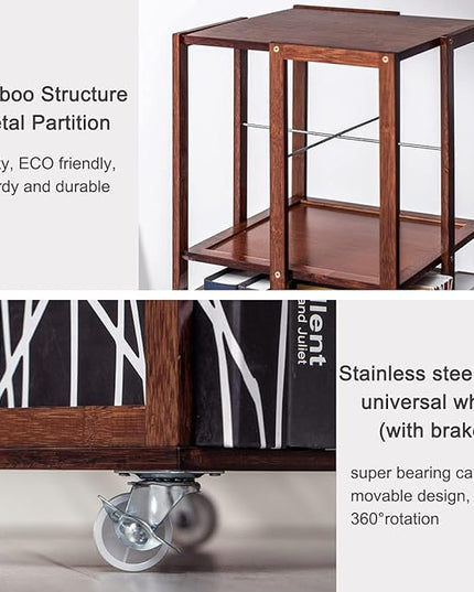 COPREE 5 Tier Rolling Bookcase, Bamboo 360 Rotating Bookshelf, Freestanding Storage Organizer Holder Book Rack with Wheels for Bedroom, Living Room Home and Office - LeafyLoom