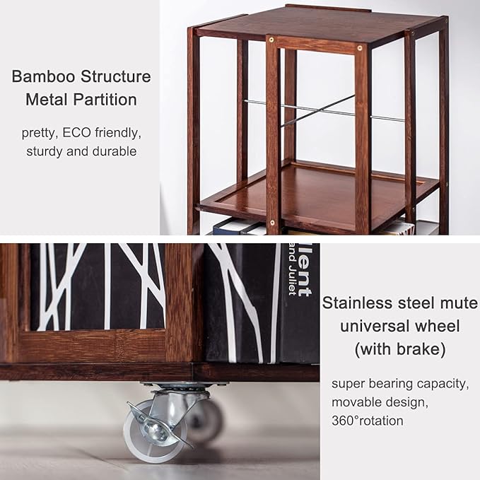 COPREE 5 Tier Rolling Bookcase, Bamboo 360 Rotating Bookshelf, Freestanding Storage Organizer Holder Book Rack with Wheels for Bedroom, Living Room Home and Office - LeafyLoom