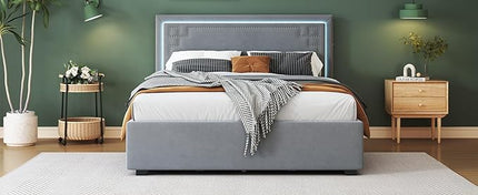 RITSU Queen Size Modern Upholstered Platform Bed with LED Bedframe and 4 Drawers Storable, Rivet-Decorated Headboard, No Box Spring Required, for Living Room, Apartment, Gray - LeafyLoom