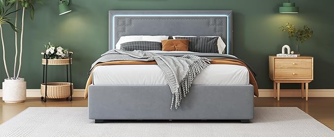 RITSU Queen Size Modern Upholstered Platform Bed with LED Bedframe and 4 Drawers Storable, Rivet-Decorated Headboard, No Box Spring Required, for Living Room, Apartment, Gray - LeafyLoom