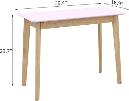 TaoHFE Pink Vanity Desk with Solid Rubber Wood Legs Glossy Pink 39 Inch Vanity Table Computer Desk for Home Small Spaces Girl Makeup Desk Modern Vanity Desk No Mirror Dressing Table for Bedroom - LeafyLoom