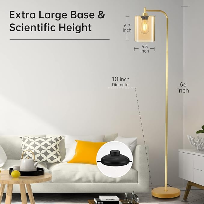 Industrial Floor Lamp, Gold Standing Lamp with Gold Glass Lampshade, 6W LED Bulb Included, Modern Floor Lamp with Foot Switch, Bright LED Floor Lamp for Living Room and Bedroom, Office, Simple Style - LeafyLoom