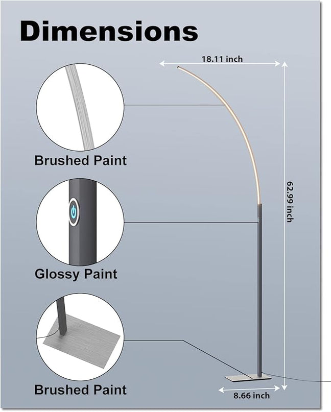 TACAHE Arc Corner Floor Lamp - 3000K Warm White & 3 Brightness Presets - Curved LED Accent Lamp with Touch Switch - 63" Modern Standing Lamp for Bedroom, Living Room - 12W - Silver - LeafyLoom
