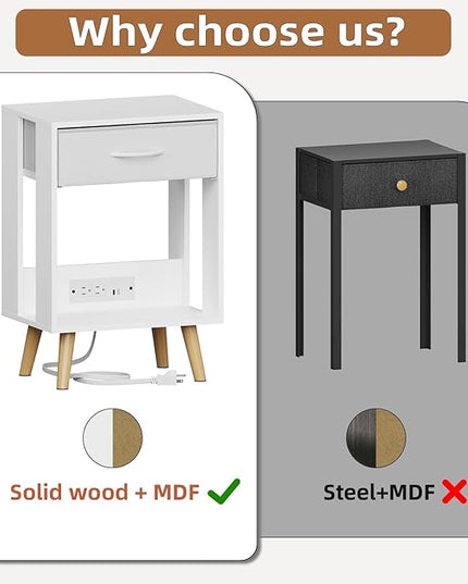 Nightstands Set of 2 with Charging Station and Fabric Drawer, Side Table with Storage for Bedroom, Night Stand with Open Wood Shelf for Bedroom, Bedside Tables - White - LeafyLoom