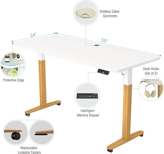 Monomi Electric Standing Desk, 55 x 28 inches Height Adjustable Desk, Ergonomic Home Office Sit Stand Up Desk with Memory Preset Controller (White Top/Wood Grain Frame) - LeafyLoom
