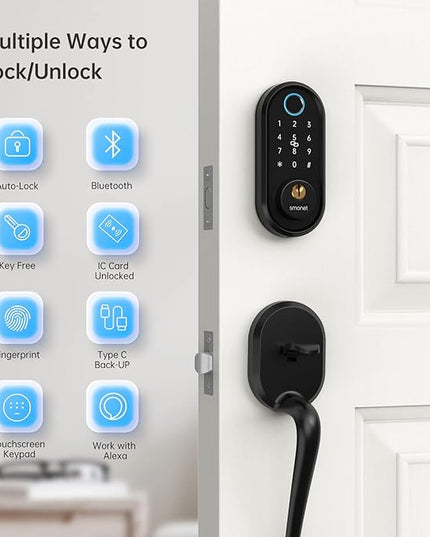 Smart Lock, SMONET Fingerprint Door Lock Smart Deadbolt Keyless Entry - Electronic Digital Keypad with Biometric Fingerprint, Smartphone App Auto Lock Bluetooth Keys Fobs Smartlock for Alexa, Home SMONET
