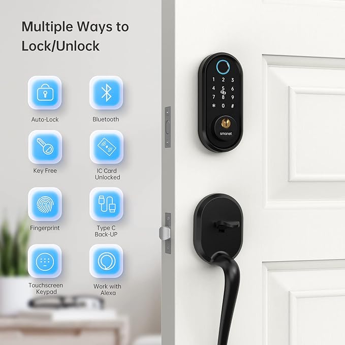 Smart Lock, SMONET Fingerprint Door Lock Smart Deadbolt Keyless Entry - Electronic Digital Keypad with Biometric Fingerprint, Smartphone App Auto Lock Bluetooth Keys Fobs Smartlock for Alexa, Home SMONET