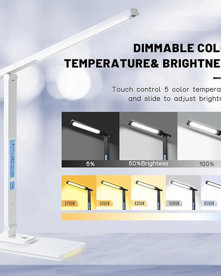 Led Desk Lamp with Wireless Charger, White Desk Lamps for Home Office with Clock, Alarm, Date, Temperature | Desk Light with Night Light, 46 Min Auto Timer | Touch Control Smart Lamp for College, Dorm - LeafyLoom