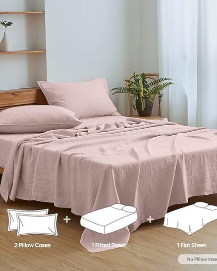 Simple&Opulence 100% Linen Sheet Set Solid Color-4 Pcs Washed French Linen Bed Sheets(1 Flat Sheet,1 Fitted Sheet,2 Pillowcases)-Breathable Bedding Set (King, Blush Pink) - LeafyLoom