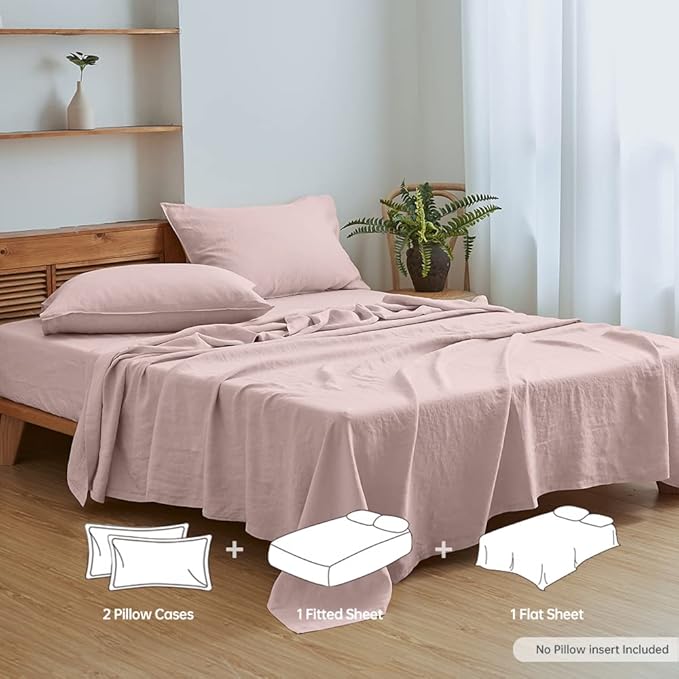 Simple&Opulence 100% Linen Sheet Set Solid Color-4 Pcs Washed French Linen Bed Sheets(1 Flat Sheet,1 Fitted Sheet,2 Pillowcases)-Breathable Bedding Set (King, Blush Pink) - LeafyLoom