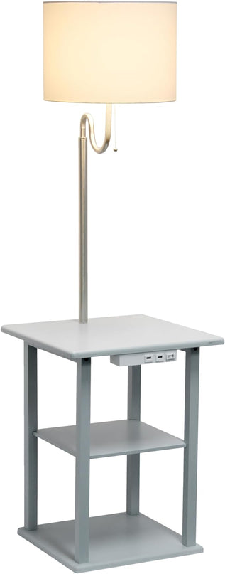Simple Designs LF2016-GRY 57" Modern 2 Tier End Table Floor Lamp Combination with 2 x USB Charging Ports & Power Outlet with White Drum Fabric Shade for Bedroom, Living Room, Office, Gray - LeafyLoom