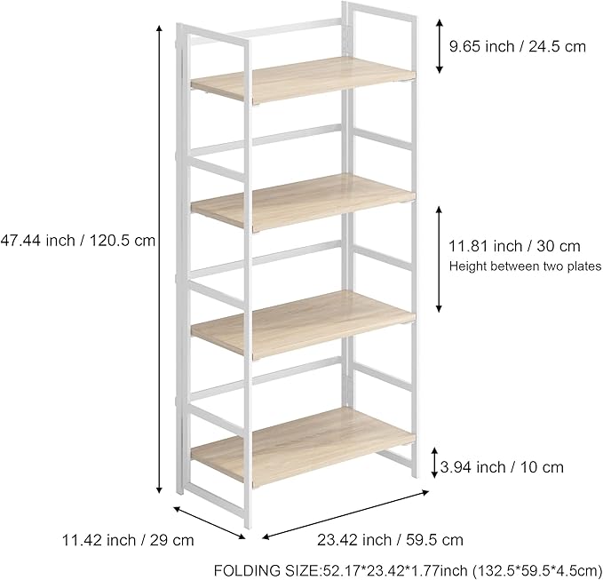 No-Assembly Folding Bookshelf Storage Shelves 4 Tiers Vintage Multifunctional Plant Flower Stand Storage Rack Shelves Bookcase for Home Office (White) - LeafyLoom